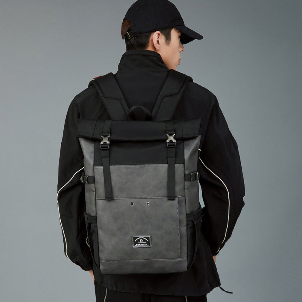 Roll top backpack 15.6 inch laptop bag faux leather backpack