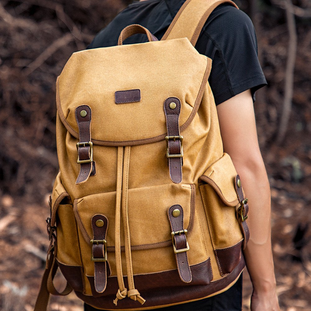 Large canvas backpack mens waxed canvas leather backpack vintage bag laptop 16 inch