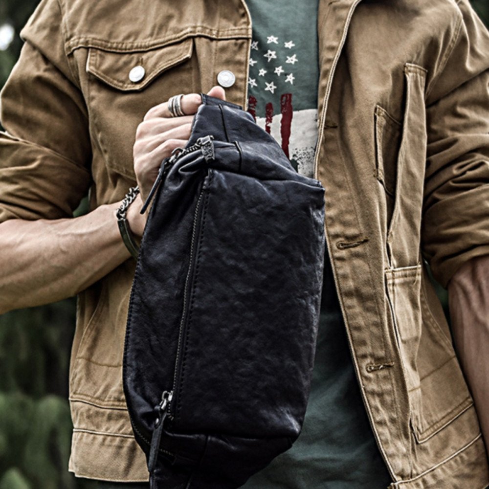 Chest bags for men black belt bag leather bum bag