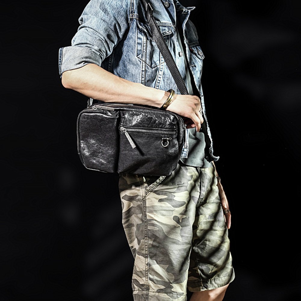 Leather crossbody bag black cross over bag mens