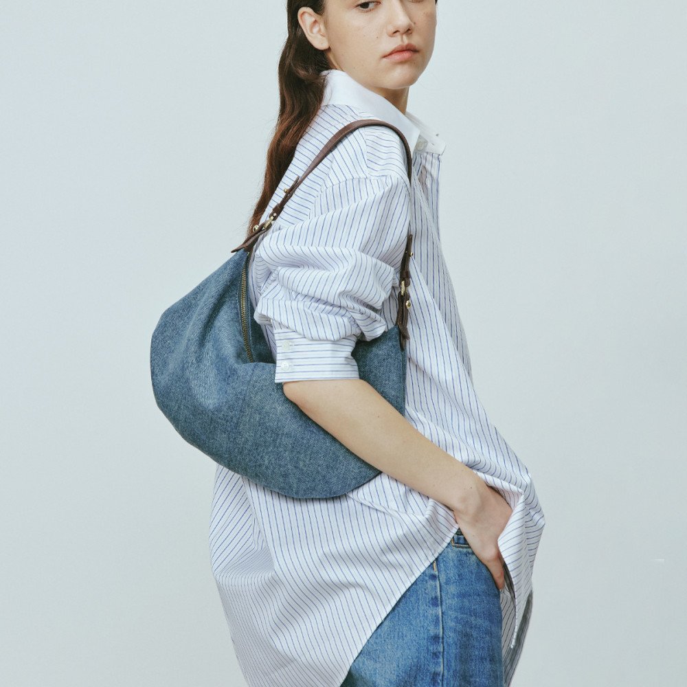 Denim hobo bag with real leather blue shoulder bag