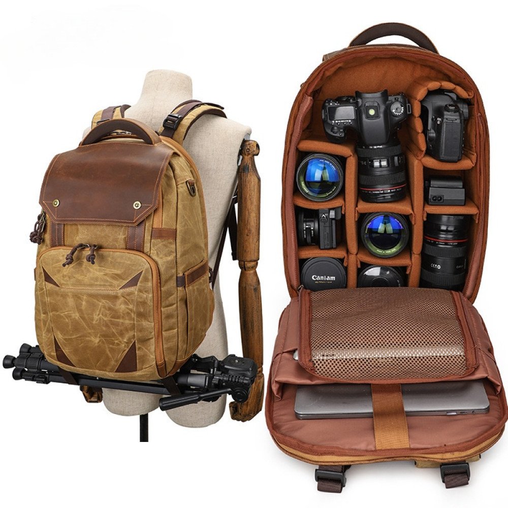 Camera backpack waxed canvas and leather backpack 15.4 laptop bag Camera backpack waxed canvas and leather backpack 15.4 laptop bag