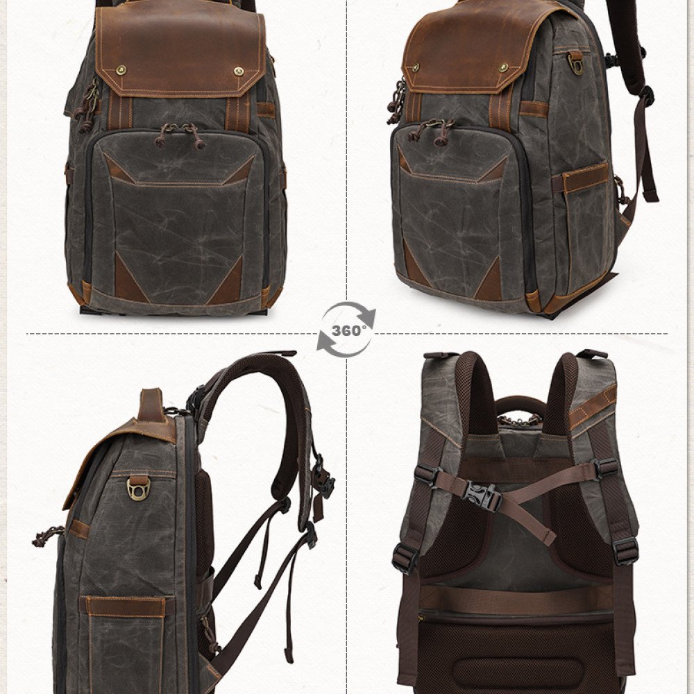 Camera backpack waxed canvas and leather backpack 15.4 laptop bag