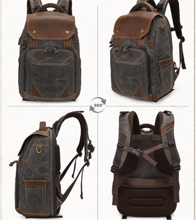Camera backpack waxed canvas and leather backpack 15.4 laptop bag