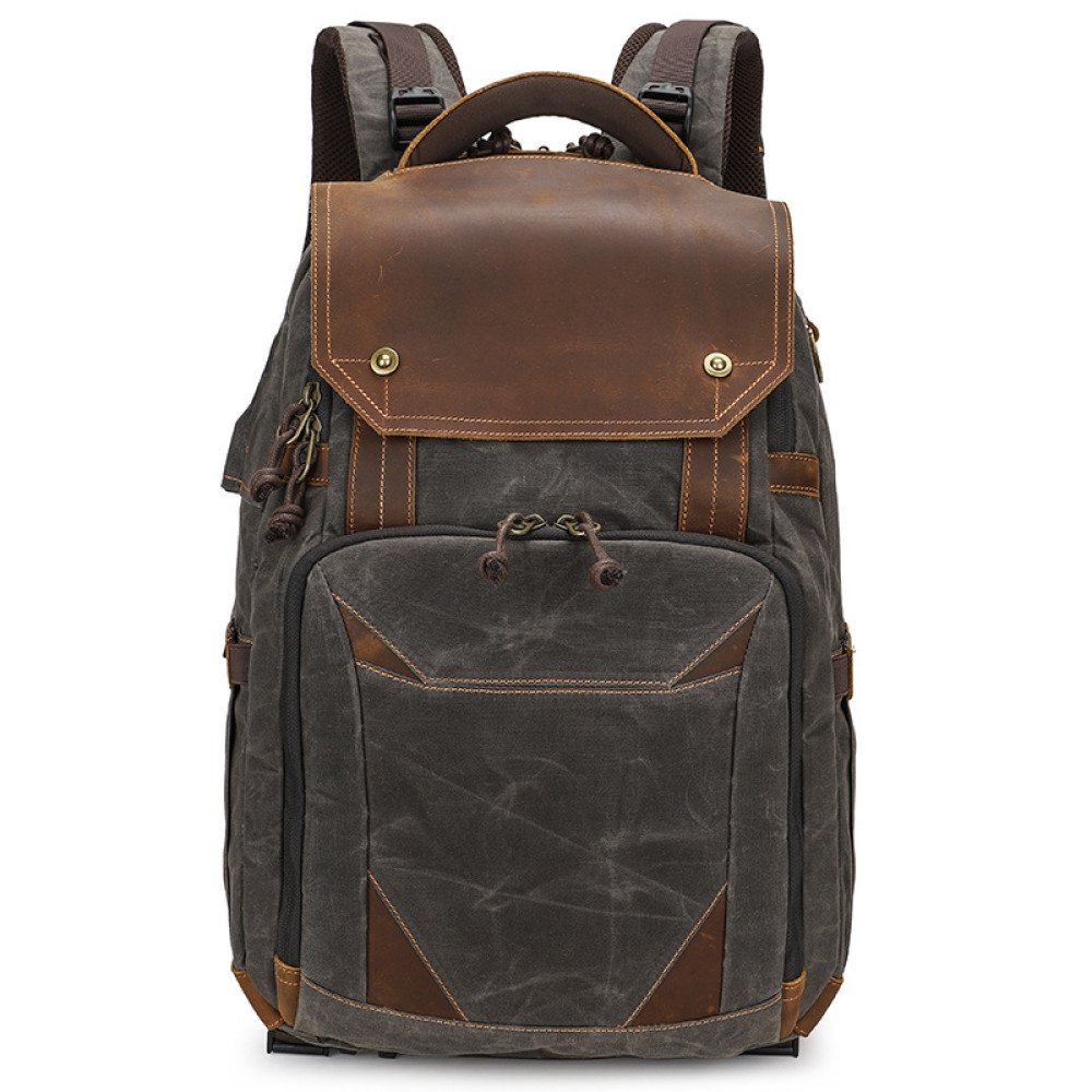 Camera backpack waxed canvas and leather backpack 15.4 laptop bag