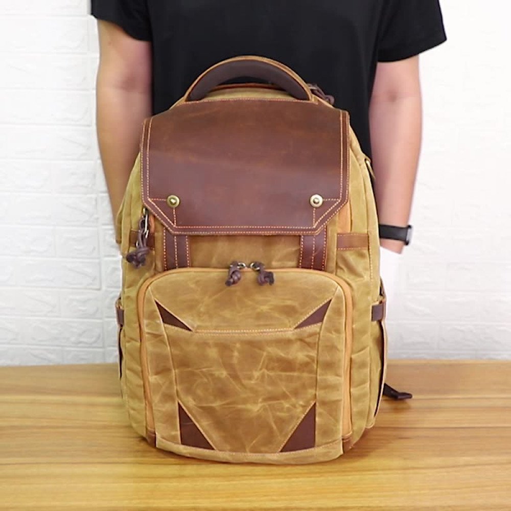Camera backpack waxed canvas and leather backpack 15.4 laptop bag