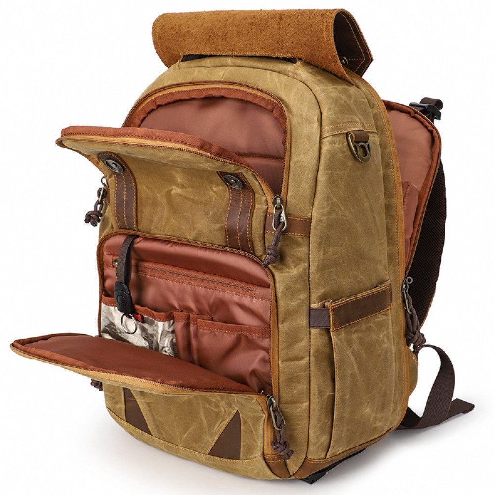 Camera backpack waxed canvas and leather backpack 15.4 laptop bag