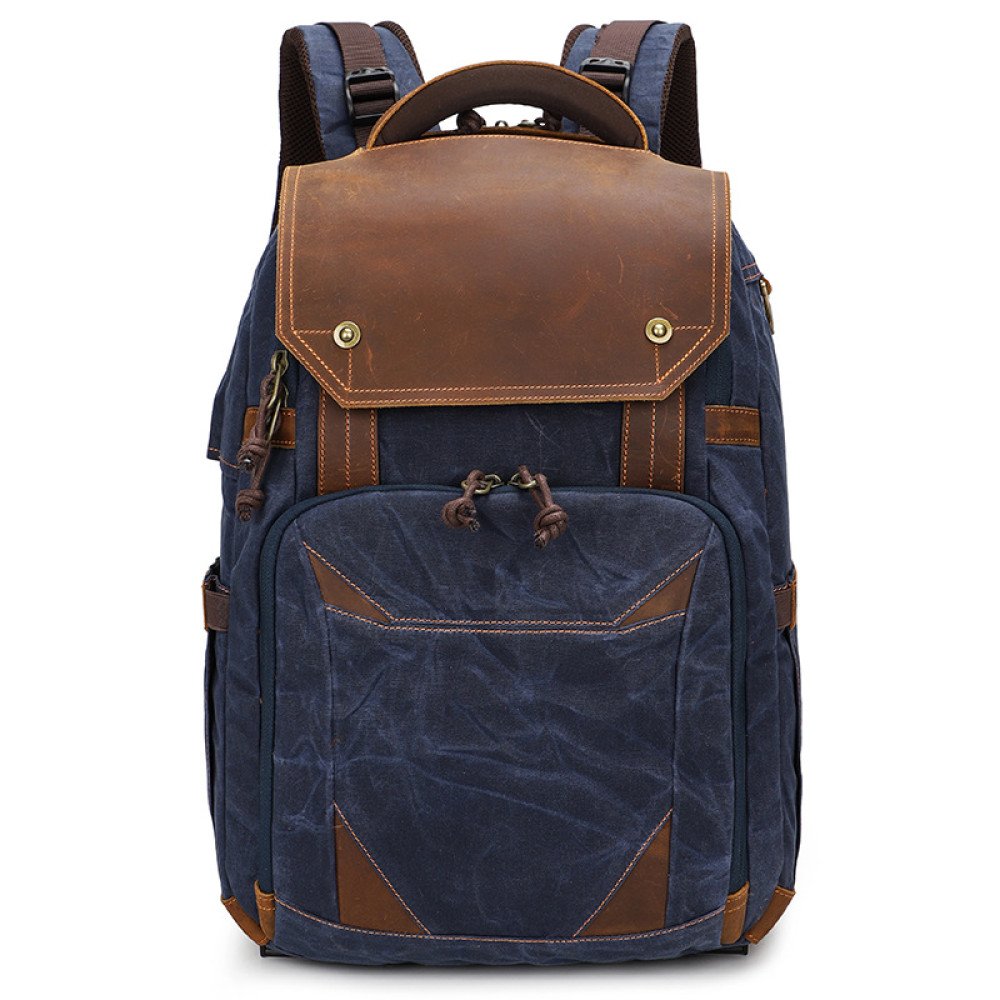 Camera backpack waxed canvas and leather backpack 15.4 laptop bag