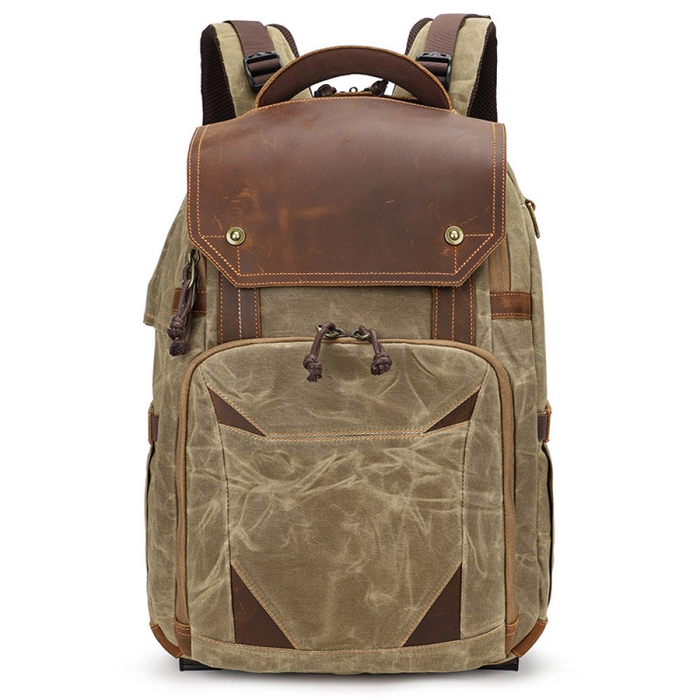 Camera backpack waxed canvas and leather backpack 15.4 laptop bag