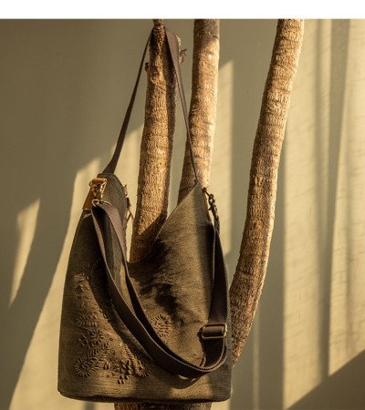 Linen tote bag embroidered retro cross body messenger bag women's