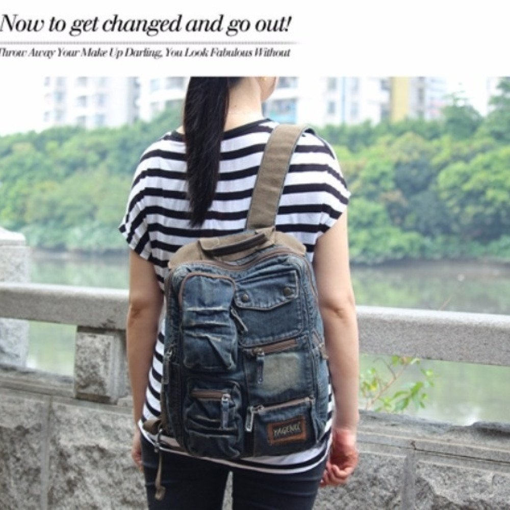Denim travel bag vintage jean backpack for school men women