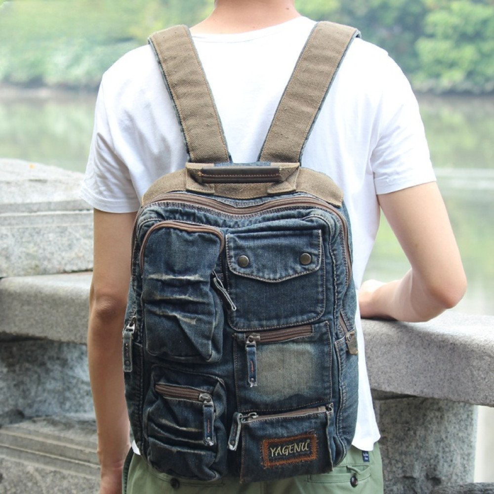 Denim travel bag vintage jean backpack for school men women